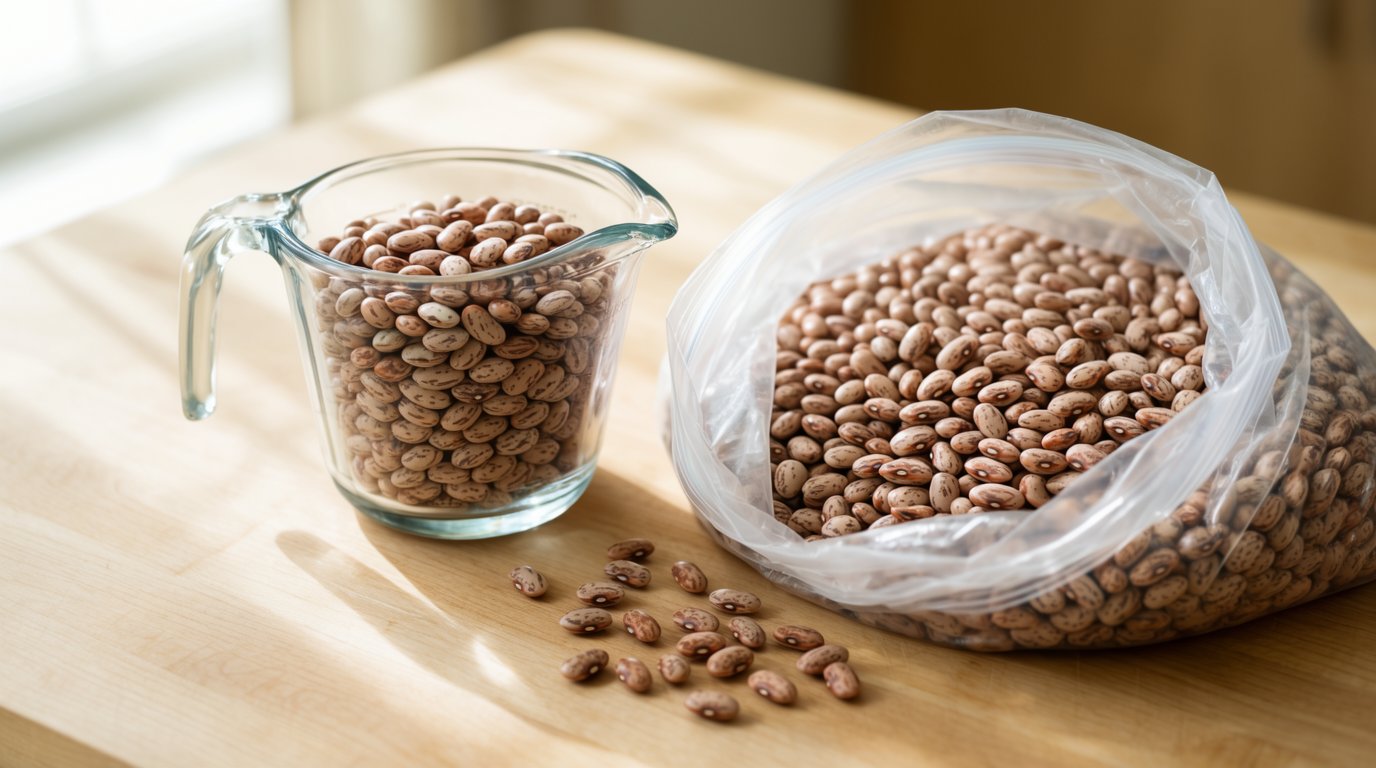 A weighed portion of dry pinto beans on a scale beside an open four pound bag and a can of black beans