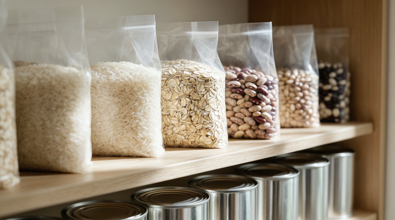 A pantry shelf stocked with bags of dried beans, rice, oats, and rows of canned food