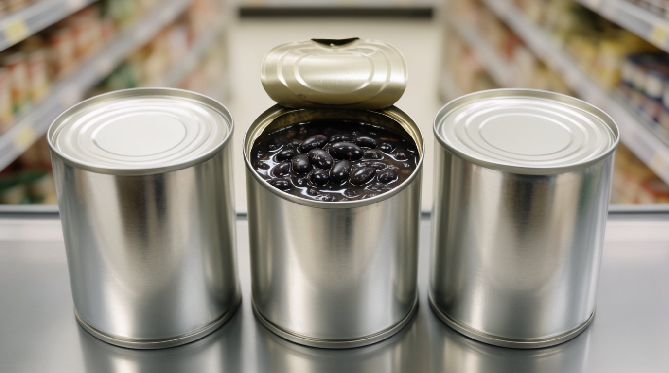 Three plain tin cans on a kitchen counter, the middle one opened to show black beans