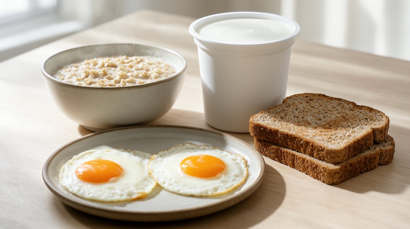 A breakfast counter with two fried eggs, a bowl of oats, a tub of Greek yogurt, and whole wheat toast