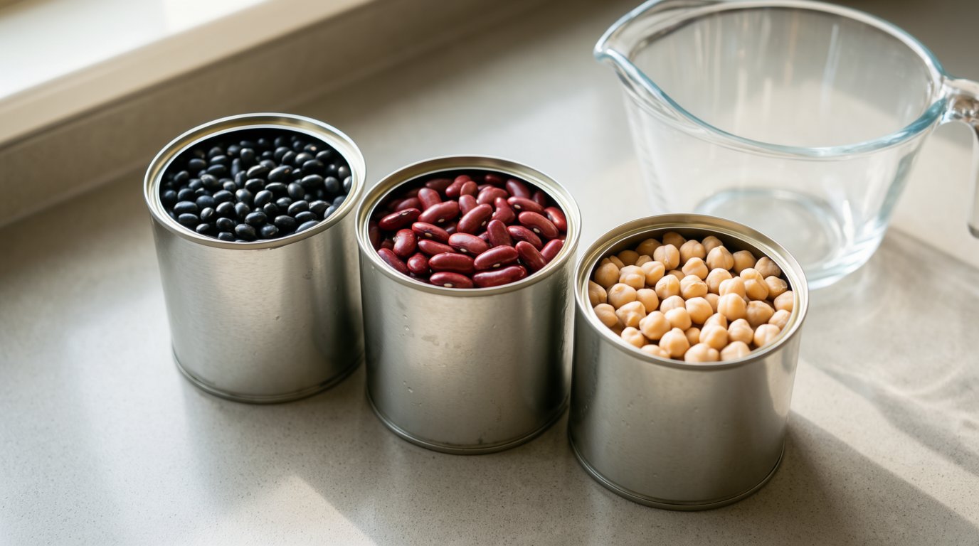 Three open cans of black beans, kidney beans, and chickpeas lined up on a counter next to a measuring bowl