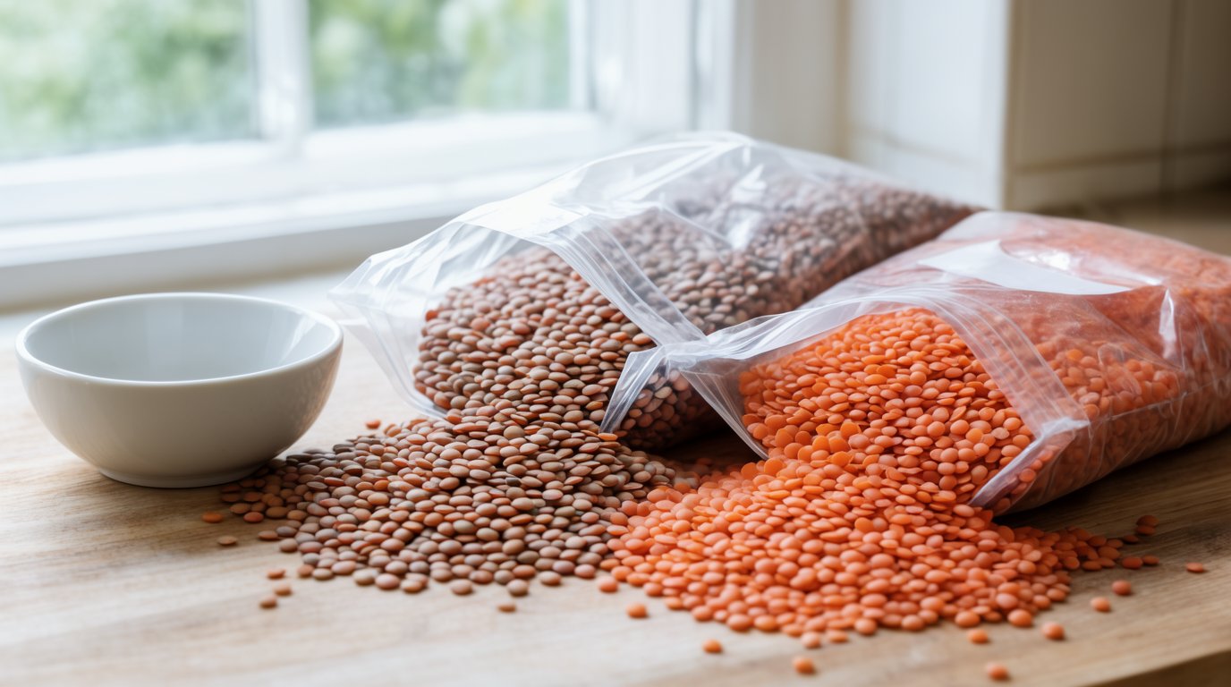 Open bags of brown and red dry lentils spilling onto a wooden counter beside a measuring scale