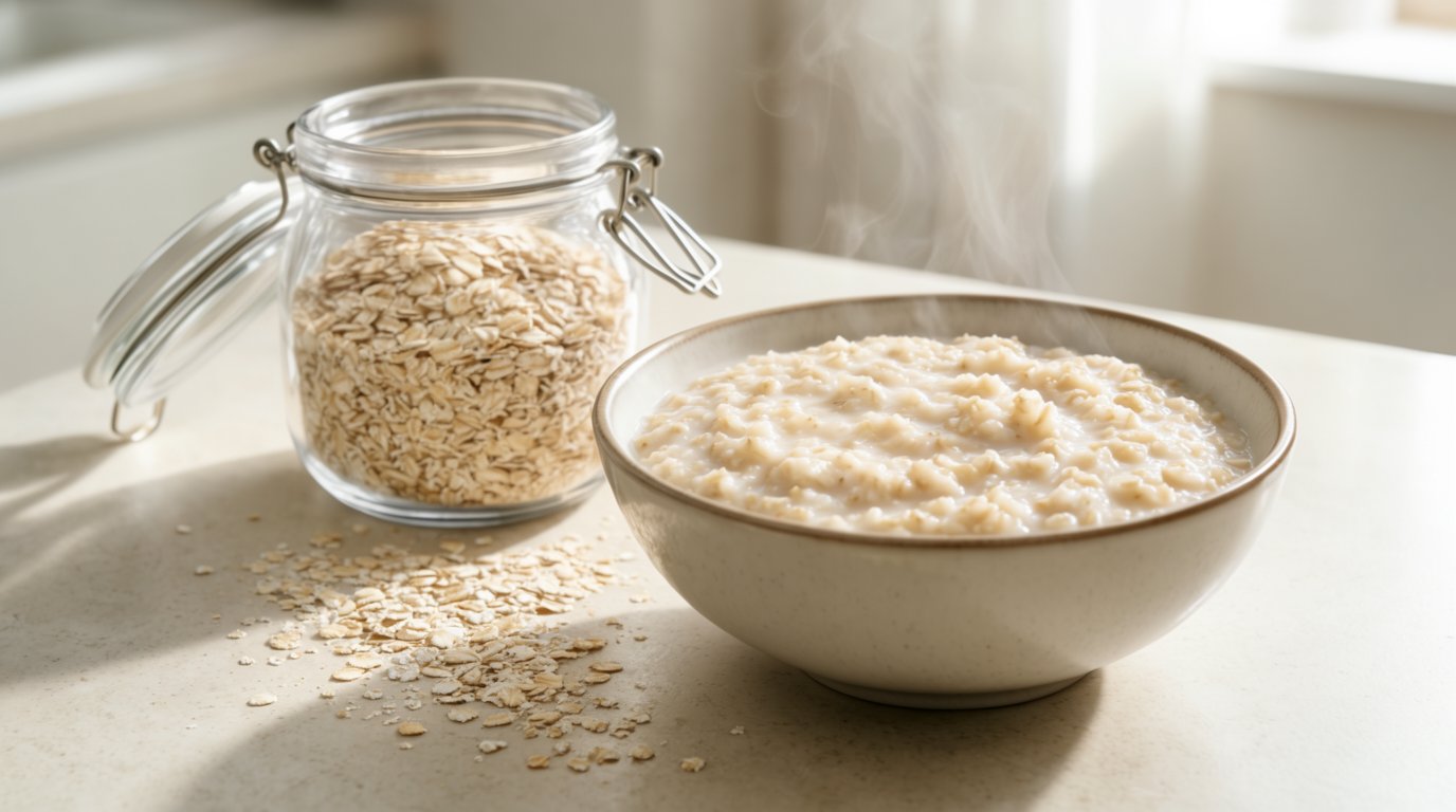 A bowl of cooked rolled oats beside an open canister of old-fashioned oats on a kitchen counter