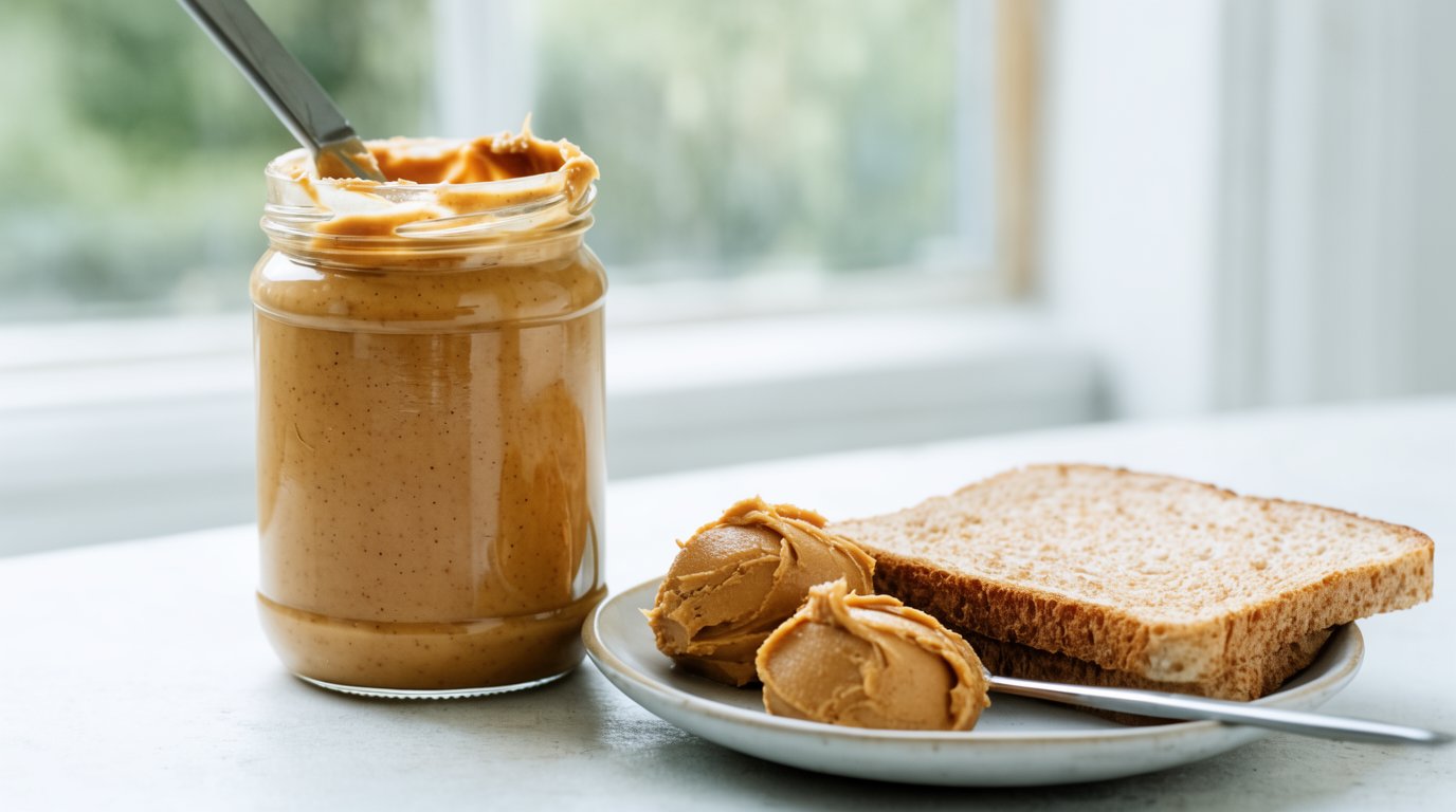 Open jar of peanut butter with two heaped tablespoons on a plate beside a slice of whole wheat toast