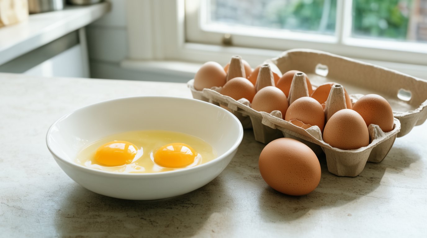 Two large eggs cracked into a bowl beside a whole egg and an open carton on a kitchen counter