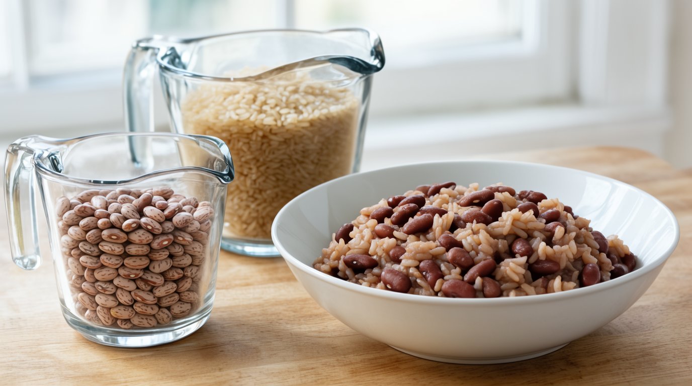 Measuring cups holding dry pinto beans and dry brown rice on a kitchen scale next to a cooked bowl of rice and beans
