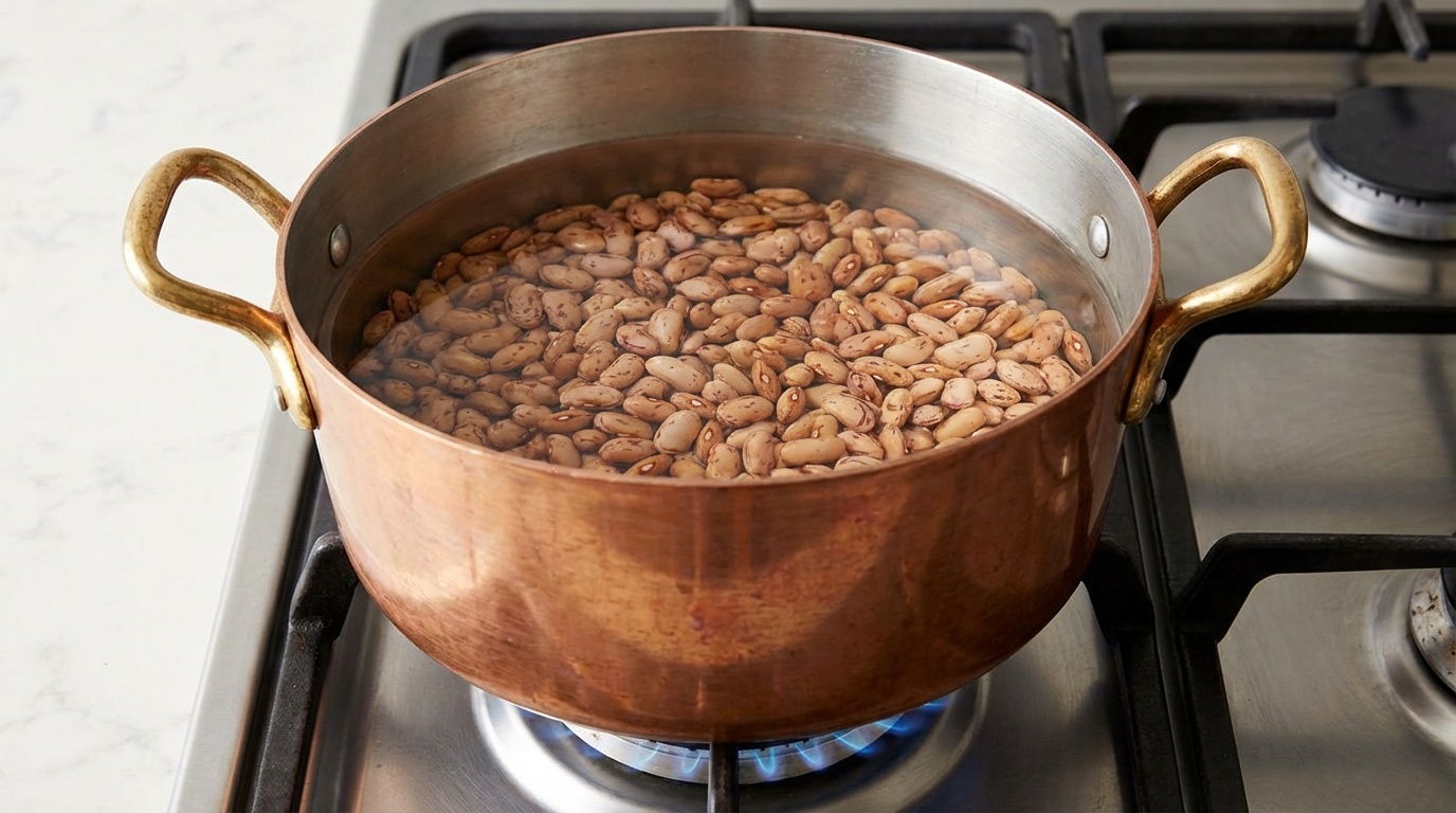 Pot of cooked beans with herbs