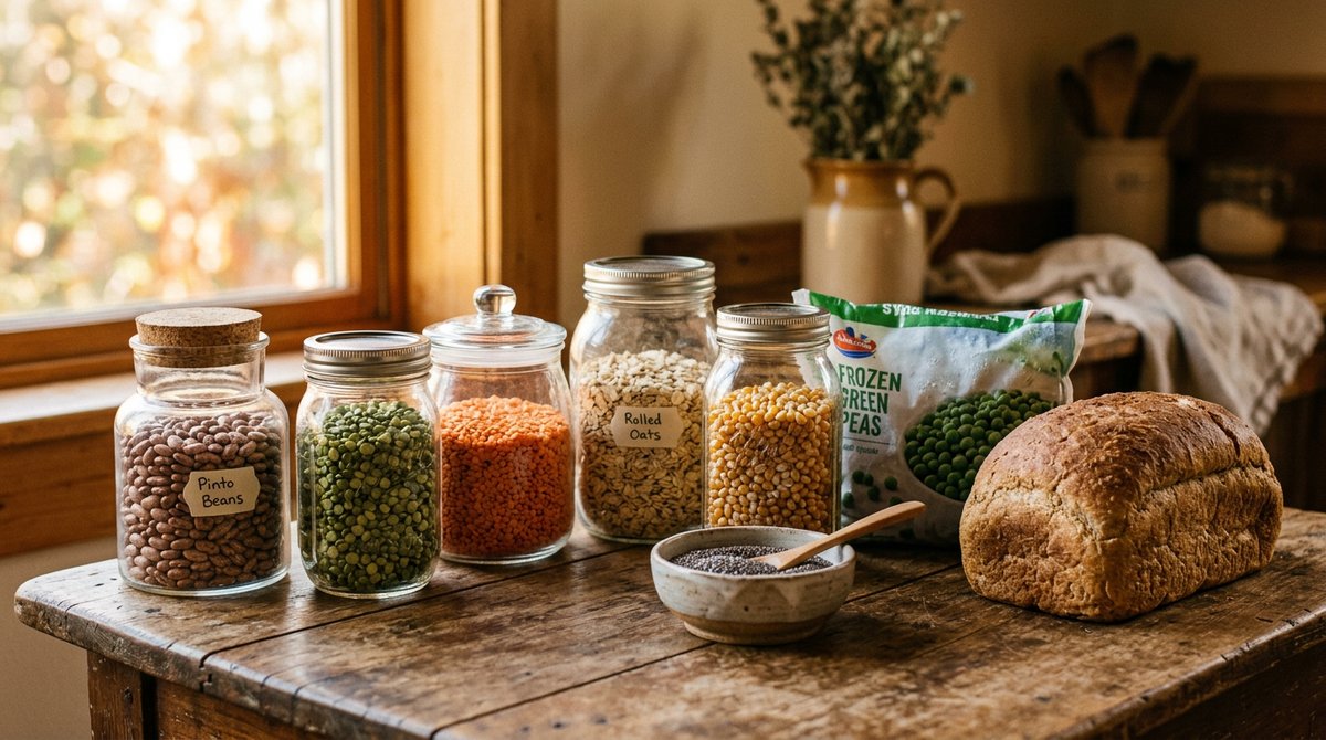Glass jars of dry pinto beans, split peas, red lentils, oats, and popcorn kernels on a wooden table beside a bag of frozen peas and a loaf of whole wheat bread