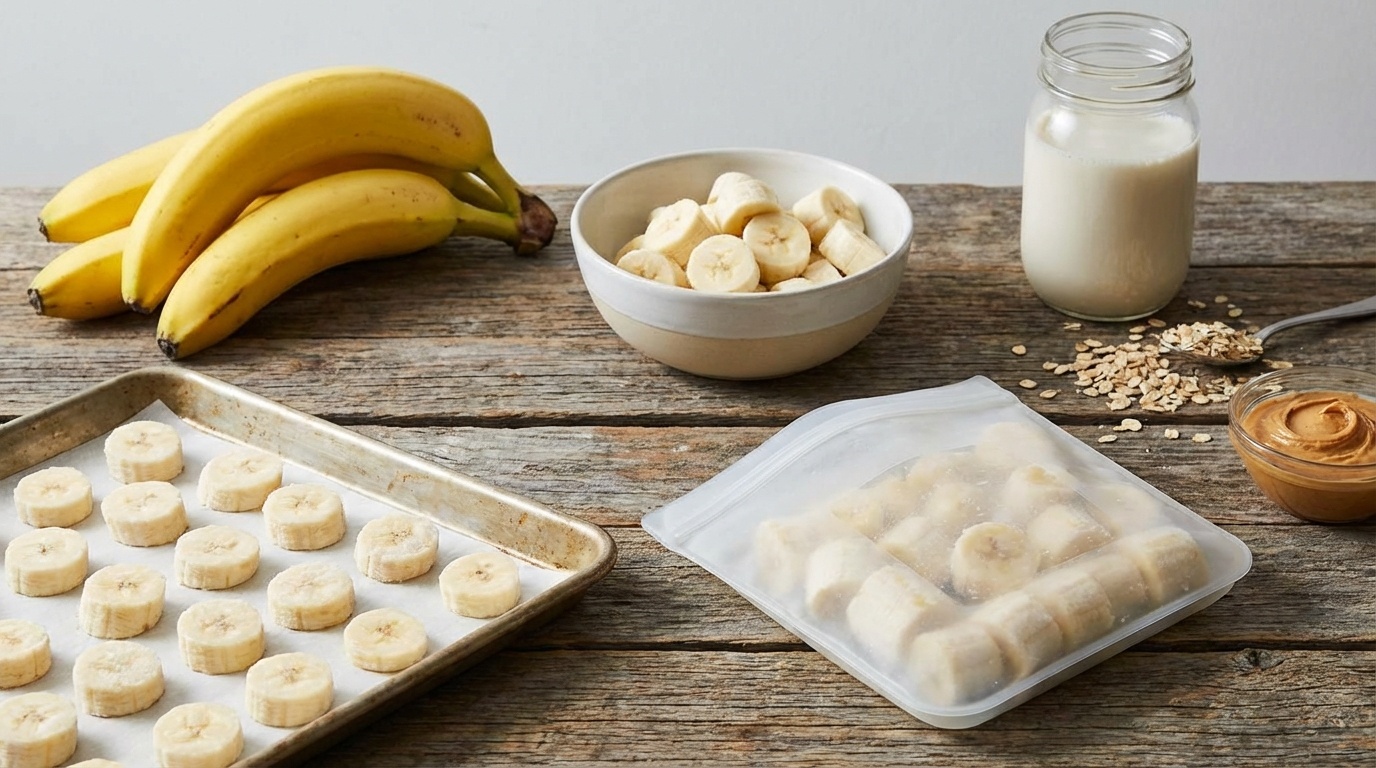 How to Freeze Bananas for Smoothies - perfectly sliced bananas laid out flat on a baking sheet lined with parchment paper