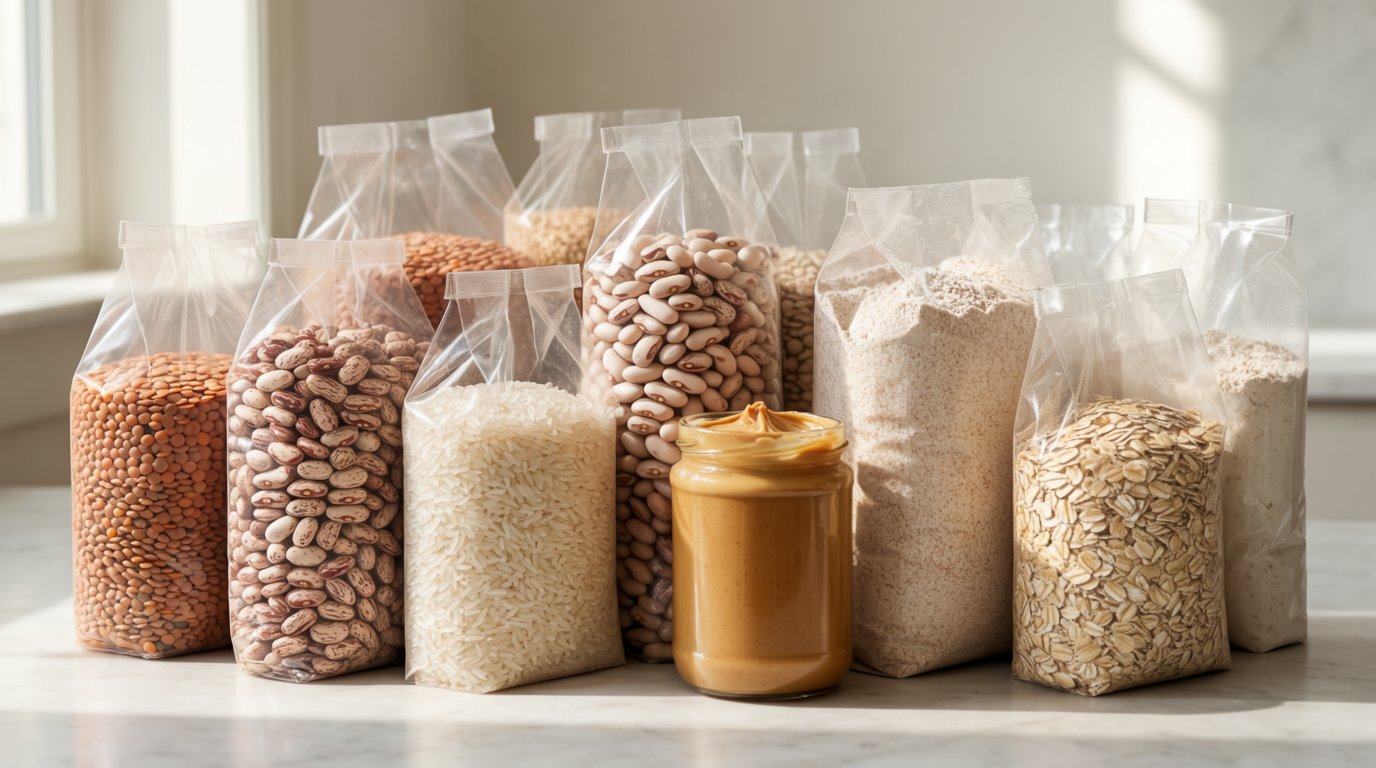 Kitchen counter loaded with a month of pantry staples including bags of dry beans, flour, rice, oats, lentils, and a jar of peanut butter