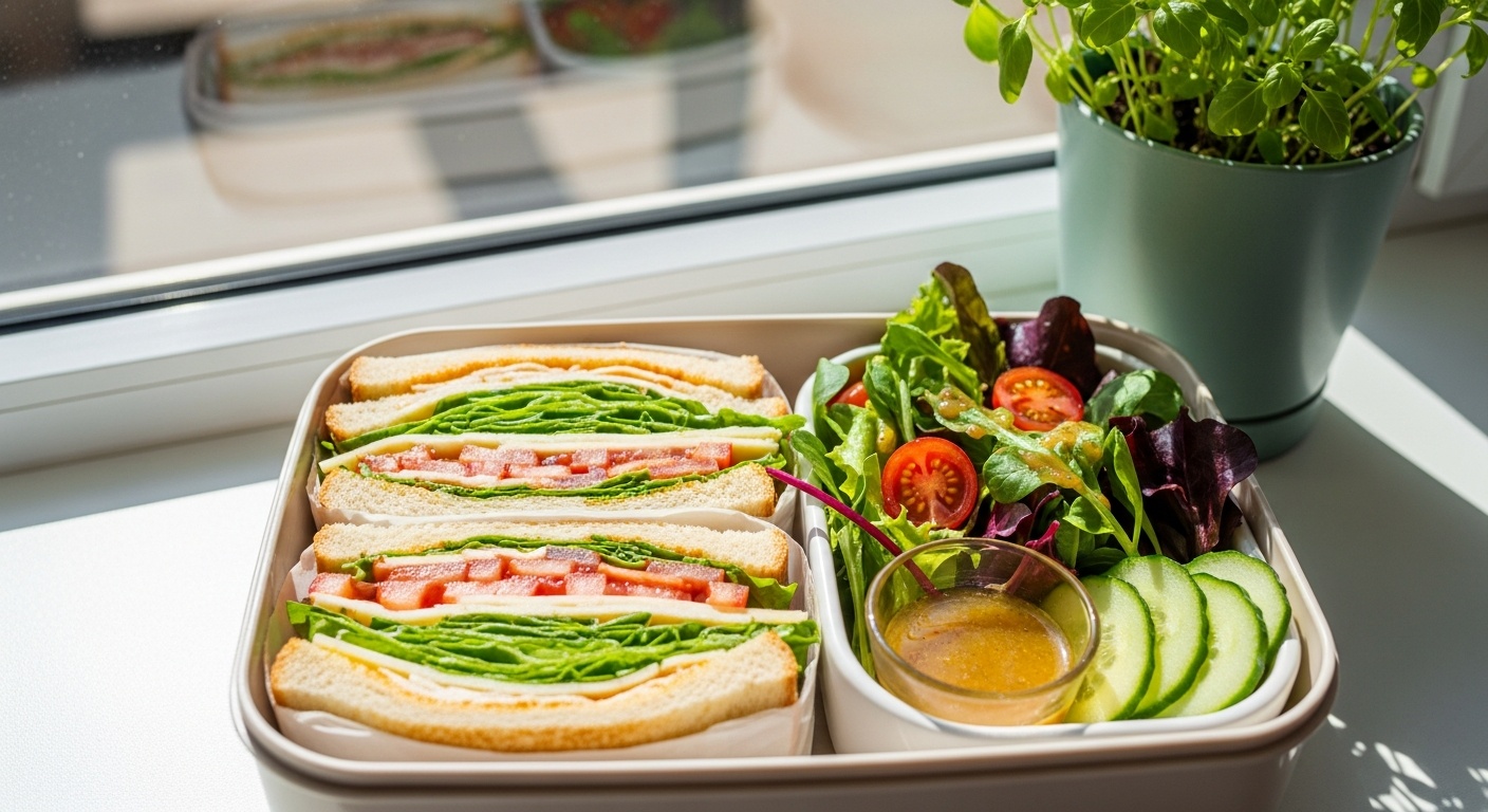 Freshly packed lunch box with a crisp sandwich and vibrant salad