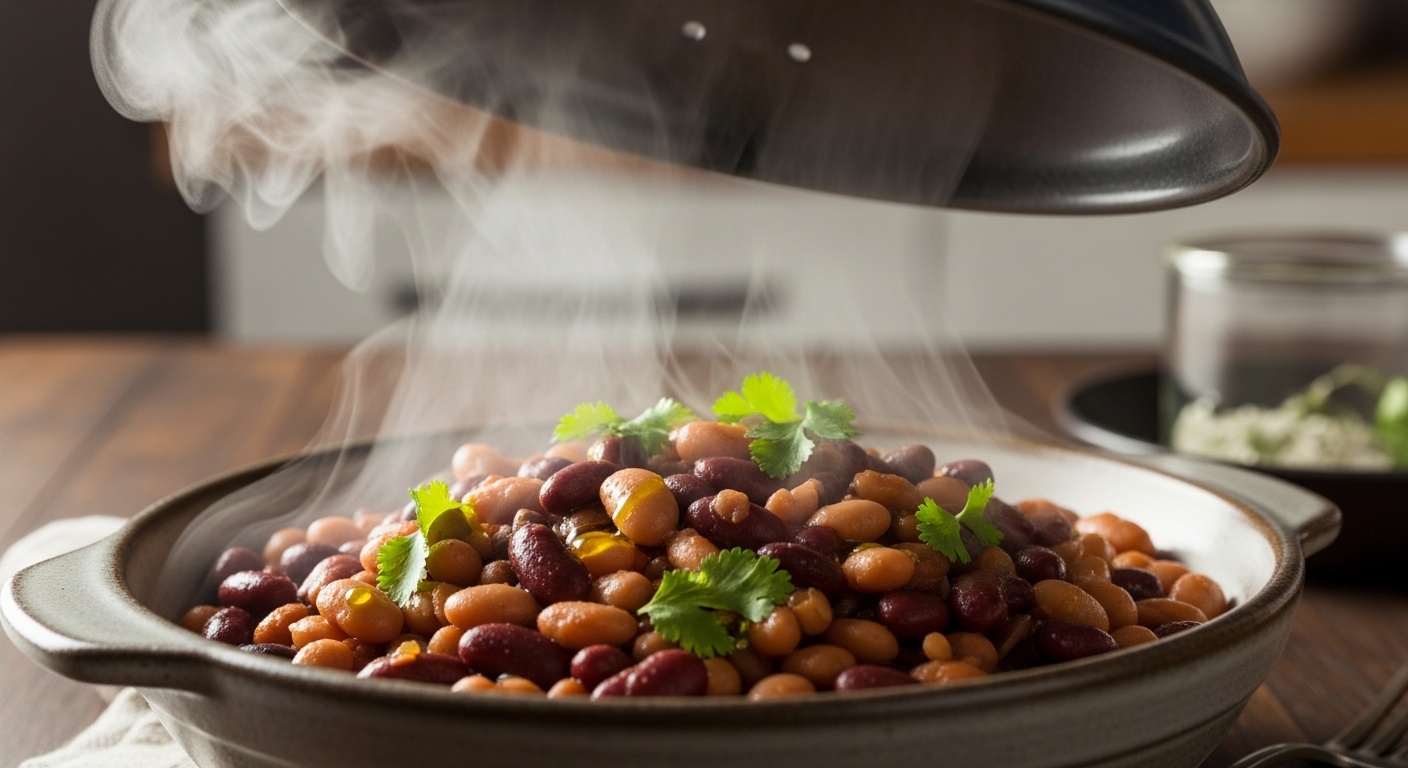 Pot of dried beans soaking in water on a stovetop
