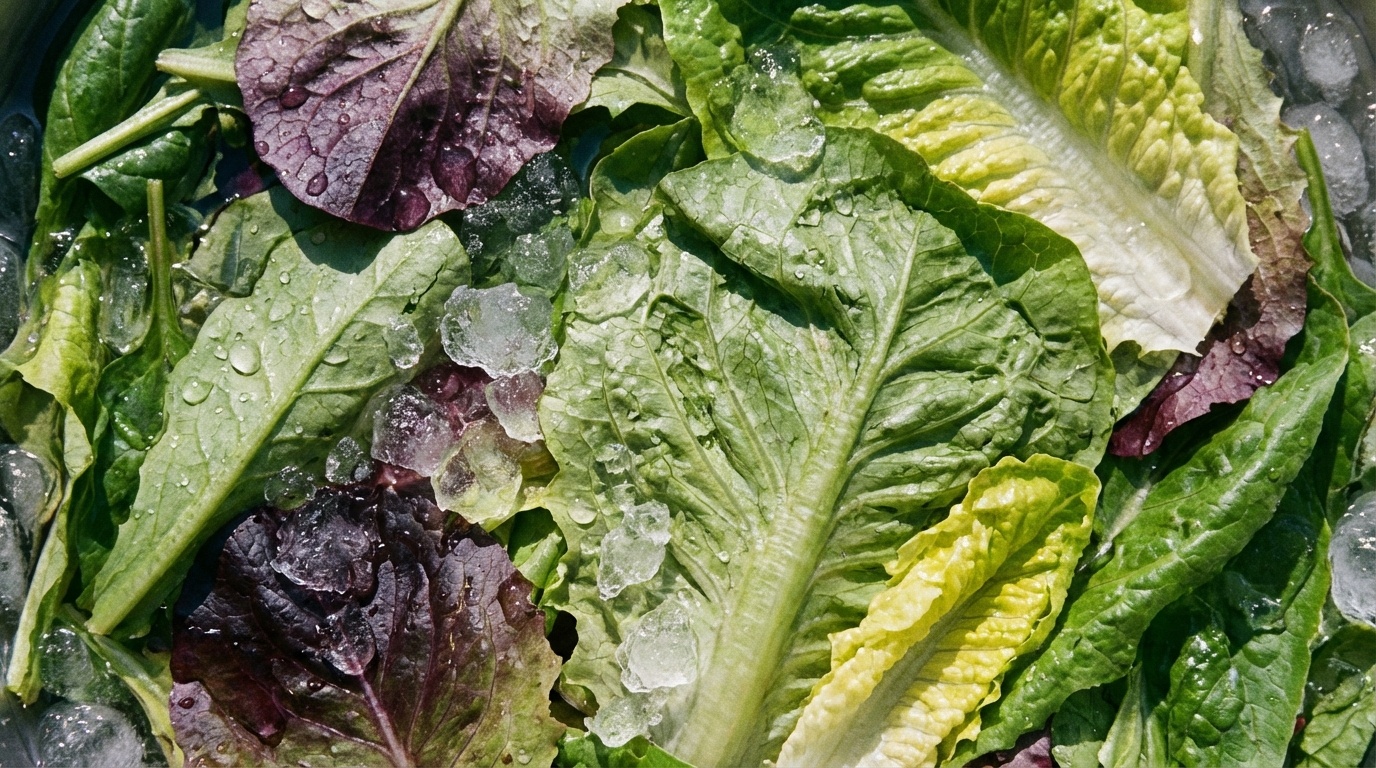 How to Revive Wilted Lettuce and Greens - sad limp lettuce being submerged into a large glass bowl filled with ice water