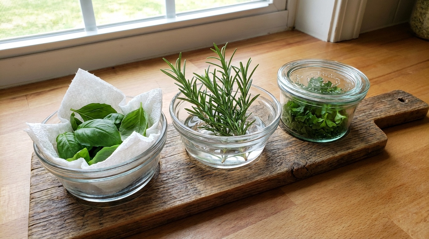 How to Store Fresh Herbs to Last Longer - fresh cilantro standing upright in a glass jar of water