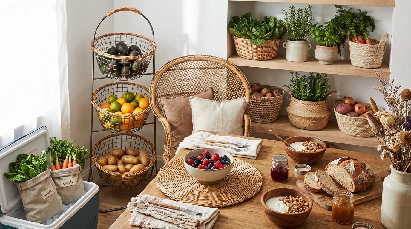 How to Store Fruits and Vegetables Properly - fresh produce perfectly organized in clear bins inside a clean refrigerator