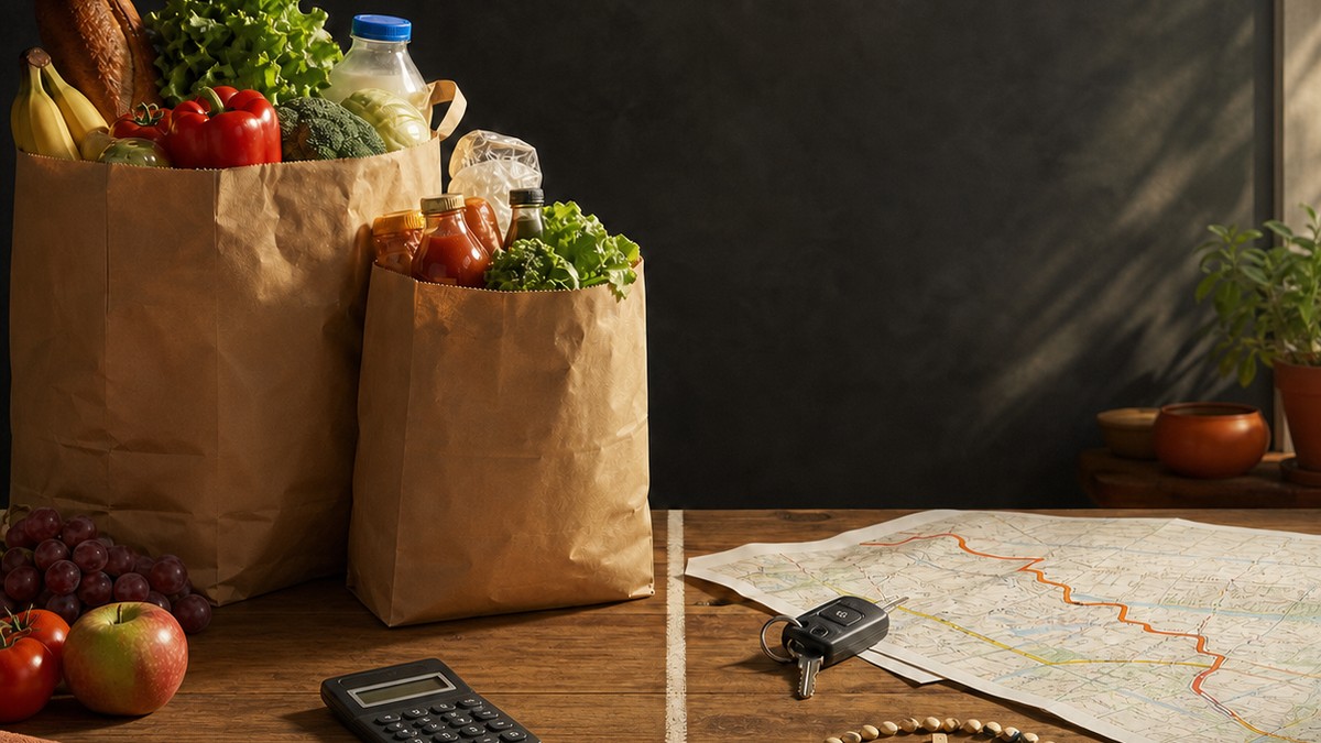 Two grocery bags beside a car dashboard with a receipt, gas gauge, and calculator showing the cost of a longer shopping trip