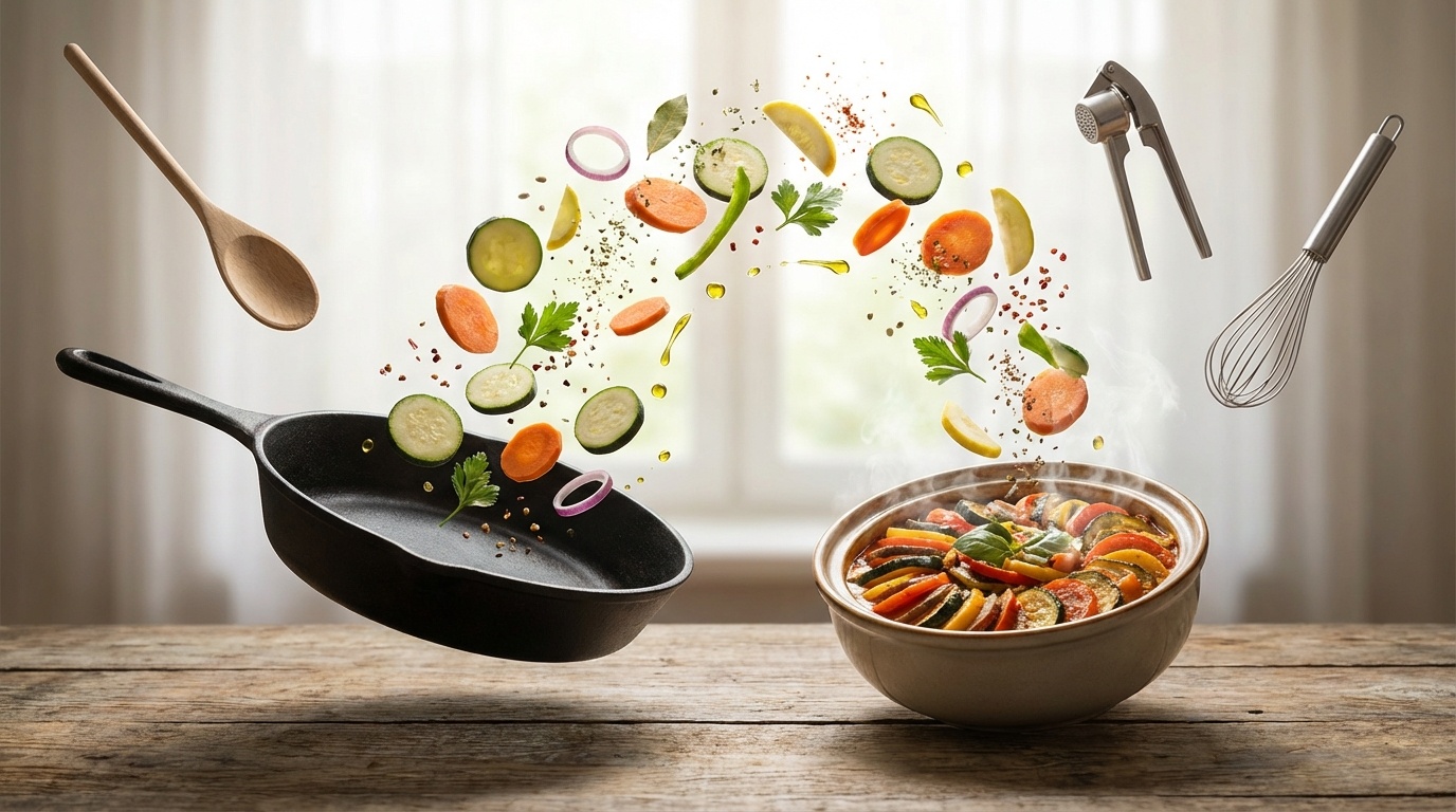 Essential kitchen tools on a counter: knife, cutting board, can opener