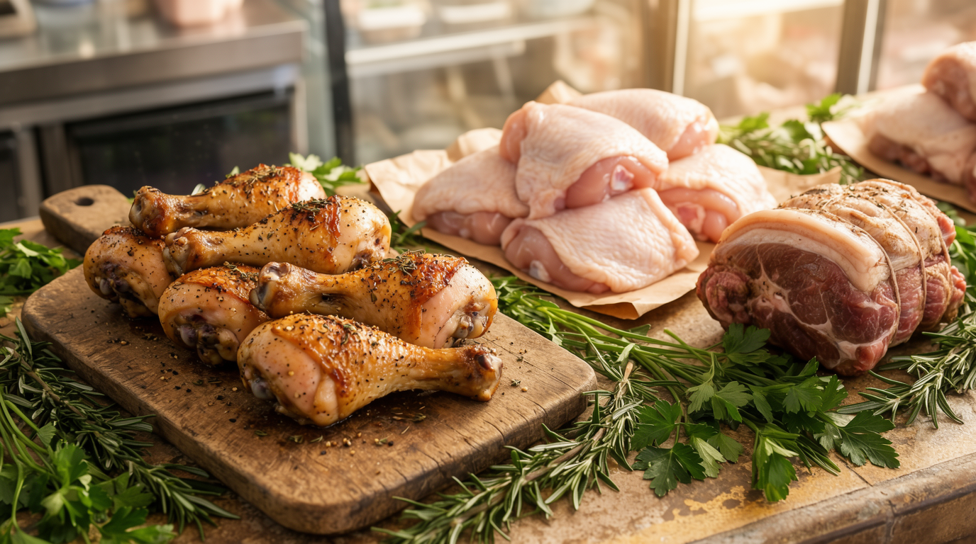 Roasted chicken drumsticks on a wooden board beside raw thighs and a pork roast at a butcher counter