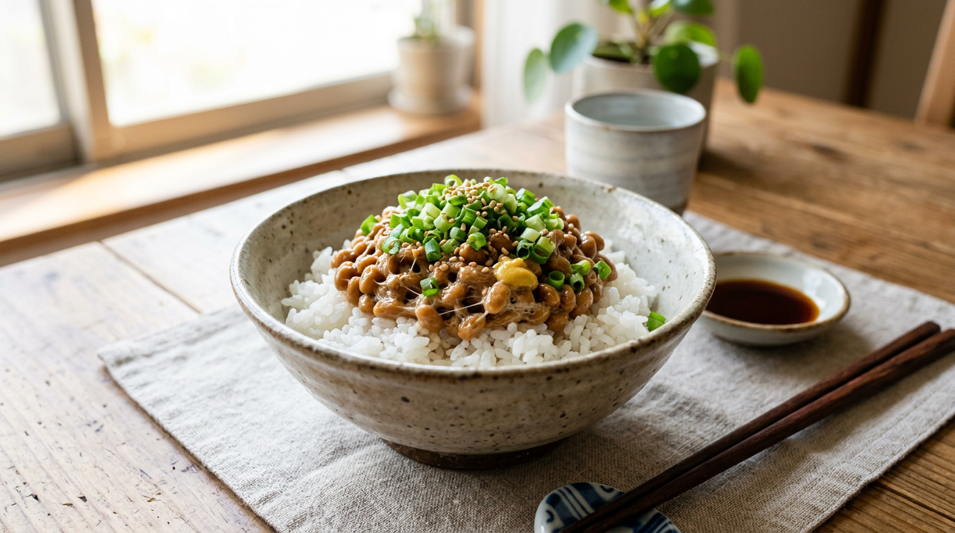 A bowl of natto, sticky fermented Japanese soybeans, over rice
