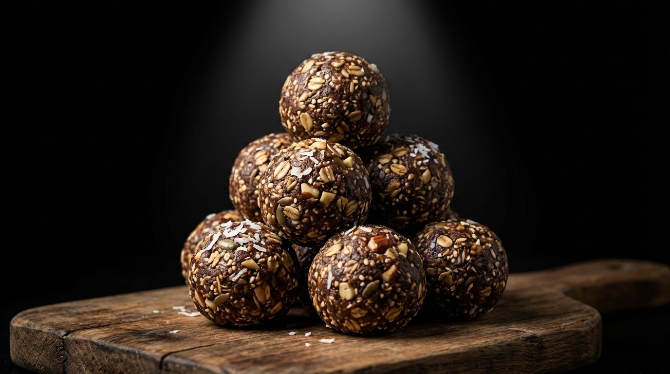 Stack of oat energy balls on a plate with a napkin