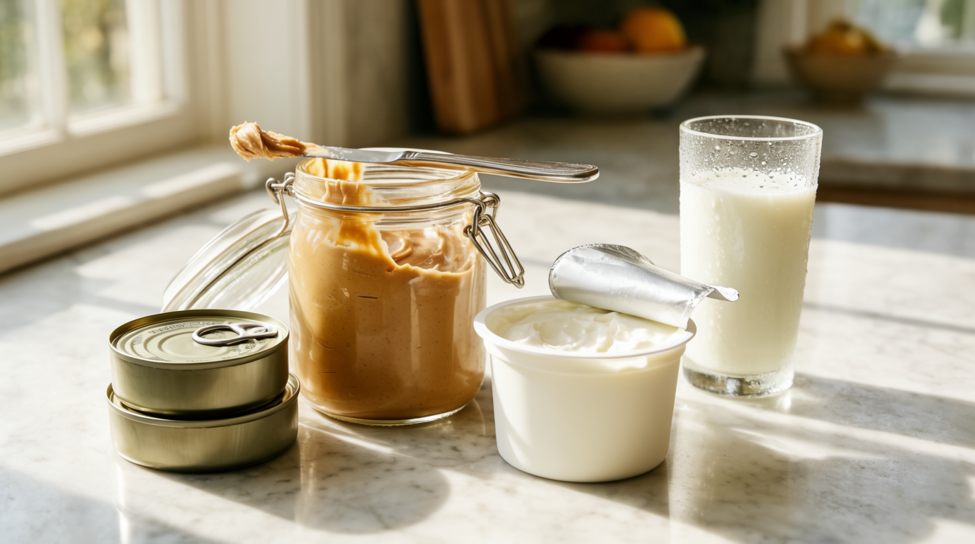 An open jar of peanut butter, canned tuna, yogurt, and a glass of milk on a sunny kitchen counter