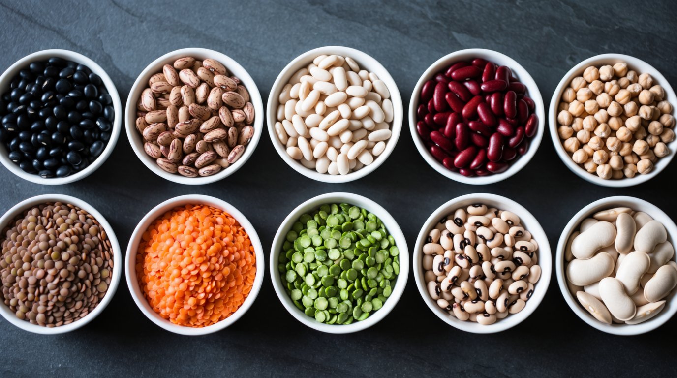 Ten small bowls of different dried beans and lentils arranged in rows on a dark counter