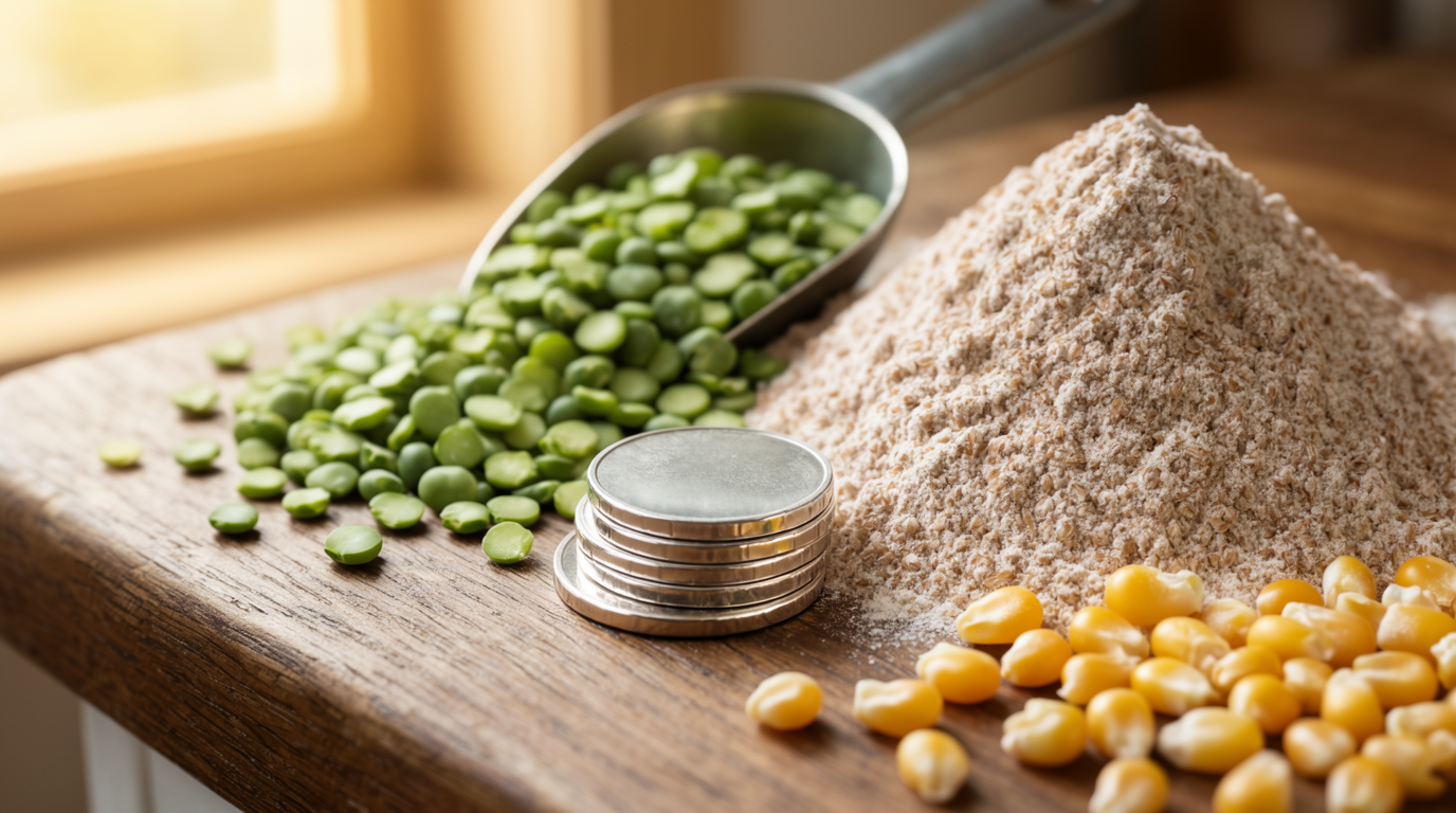 A stack of coins next to a mound of whole wheat flour, split peas, and popcorn kernels on a counter