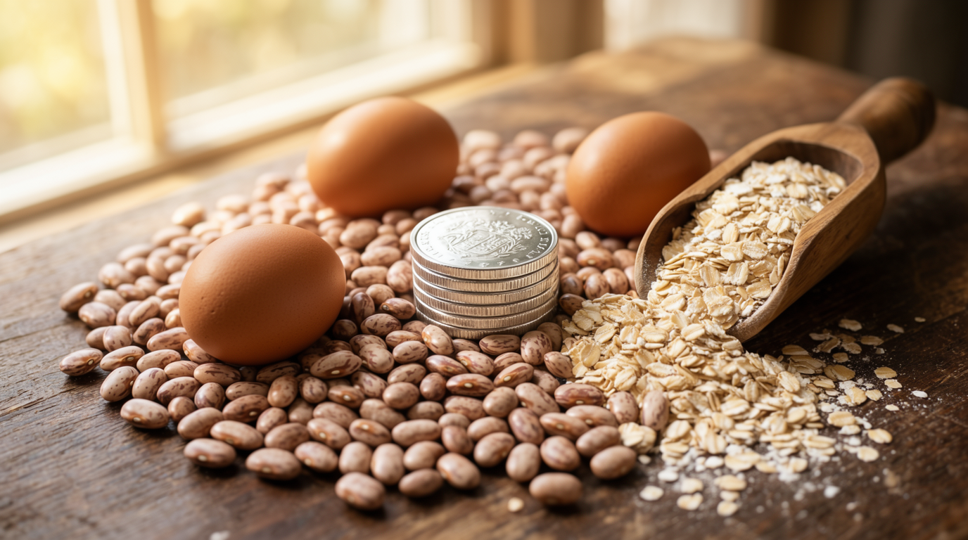 A stack of coins surrounded by dried pinto beans, brown eggs, and a scoop of rolled oats on a wooden table