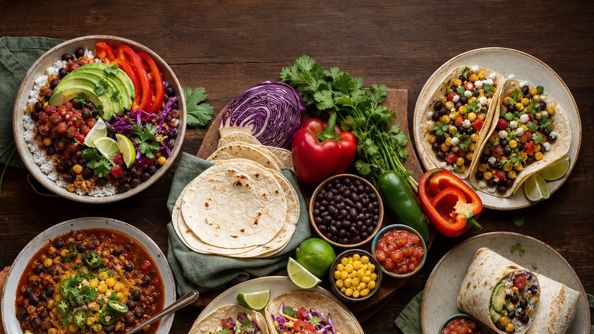 Five colorful dinners arranged around one grocery list with tortillas, beans, corn, cabbage, limes, and salsa shared between them