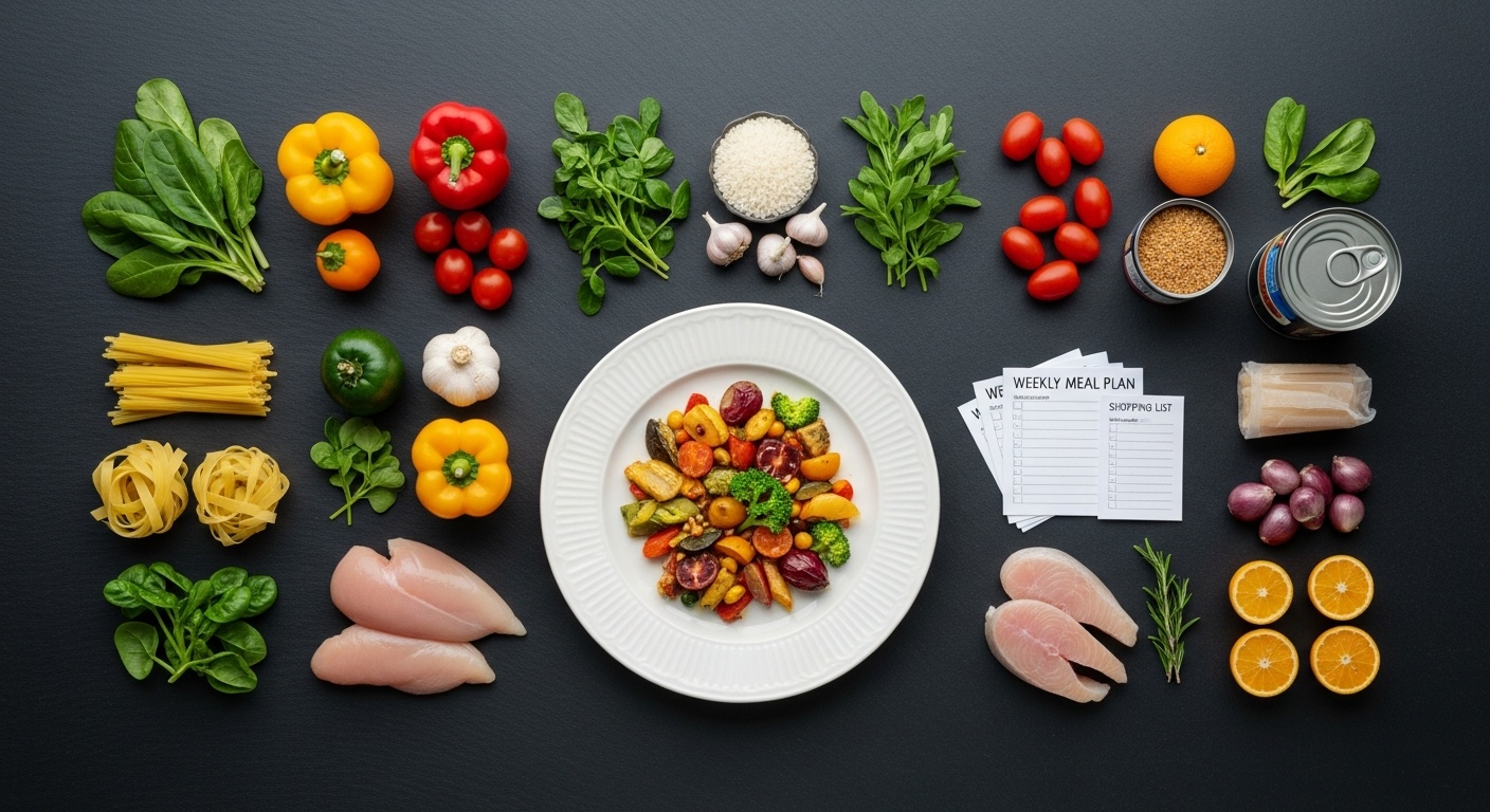 A kitchen counter with a simple grocery list next to fresh vegetables and pantry staples