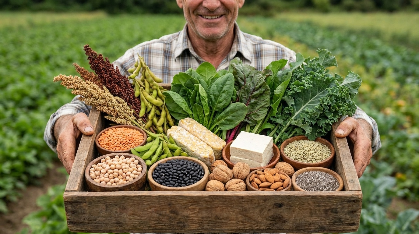 Assortment of plant-based protein foods: beans, lentils, tofu, nuts