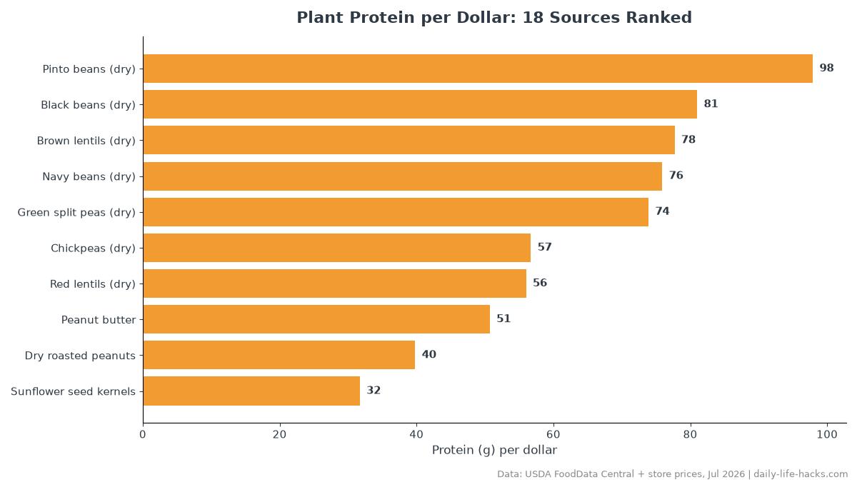 Bar chart ranking 18 plant proteins by protein per dollar