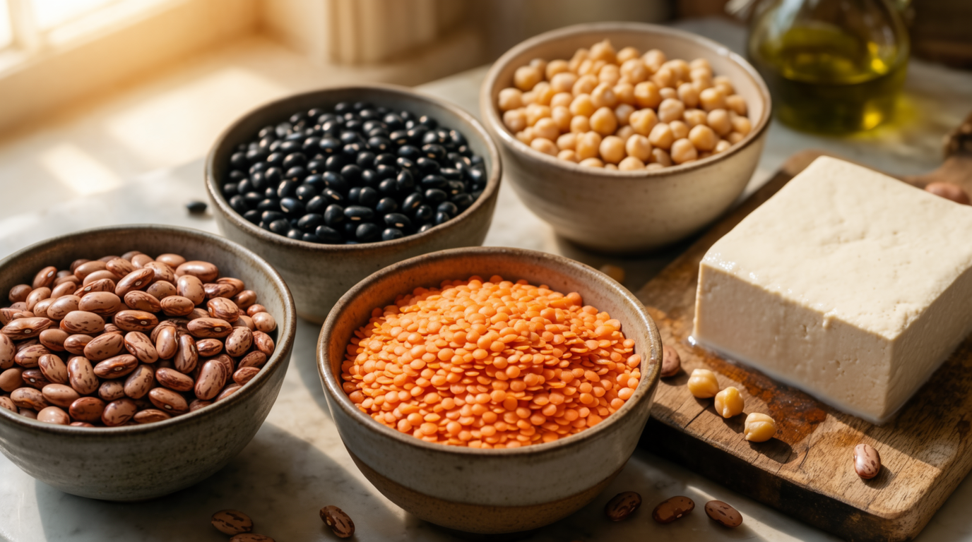 Ceramic bowls of pinto beans, black beans, red lentils, and chickpeas with a block of tofu on a cutting board