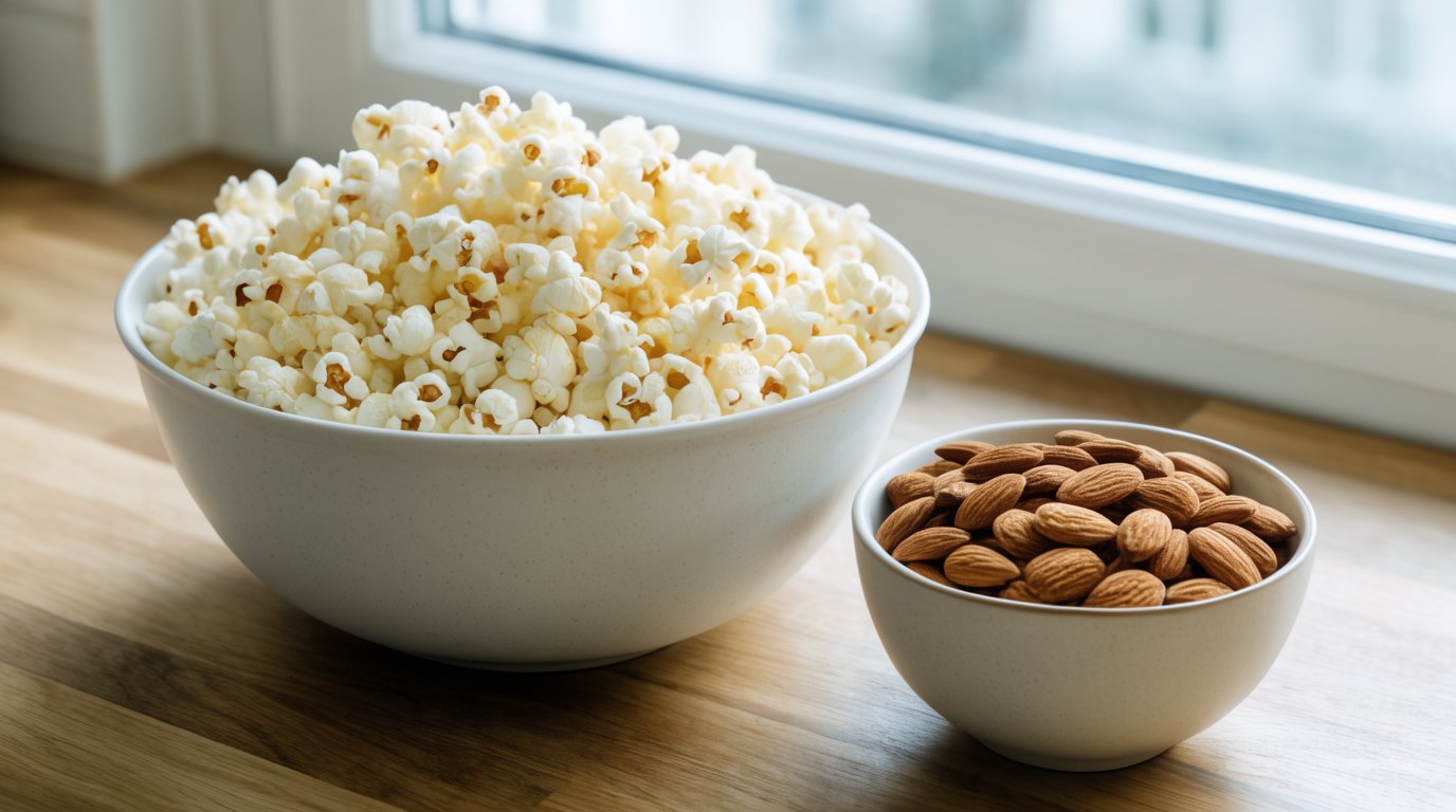 A bowl of popped popcorn beside a small bowl of whole almonds on a wooden counter