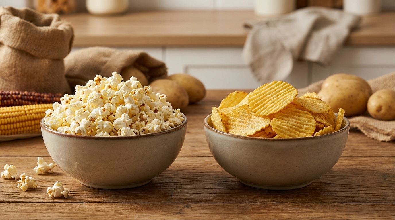 Popcorn vs Potato Chips Fiber Comparison - appetizing bowl with colorful ingredients for healthy weight management
