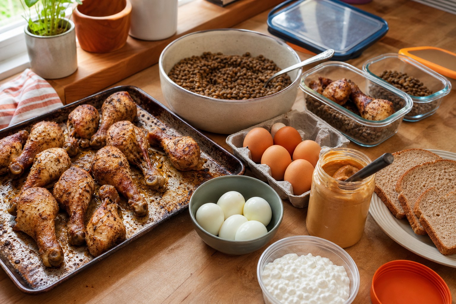 A practical weekly protein prep with roasted chicken drumsticks, lentils, eggs, peanut butter, whole wheat bread, and cottage cheese