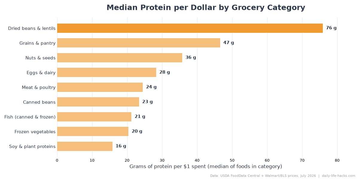 Bar chart of median protein per dollar by grocery category, with dried beans and lentils far ahead of grains, dairy, meat, and fish
