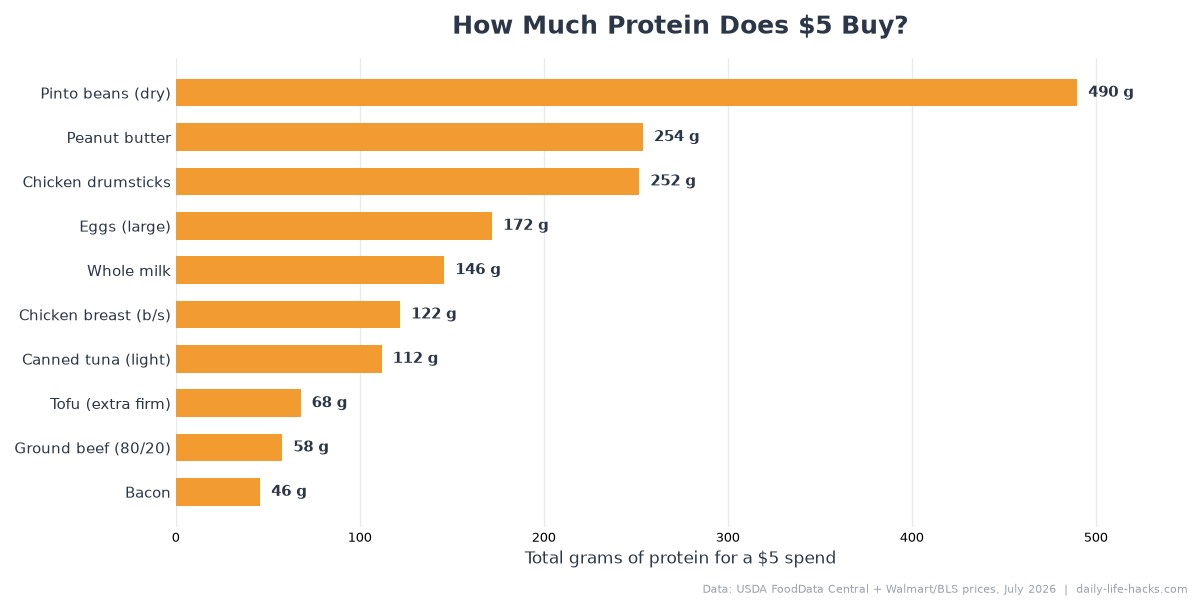 Bar chart comparing how many total grams of protein five dollars buys across ten common foods, from 490 grams for dried pinto beans down to 46 grams for bacon