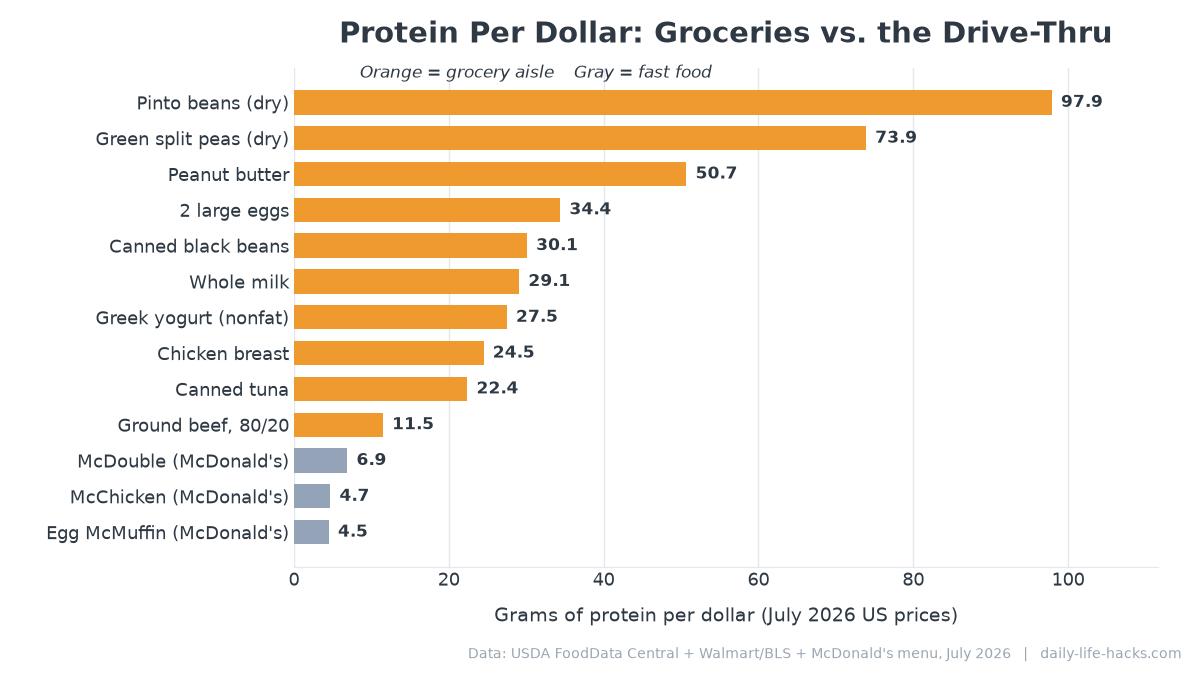 Bar chart of protein per dollar for the foods behind the five days, with pinto beans at 98 grams per dollar far ahead of chicken, ground beef, and McDonald's items near the bottom