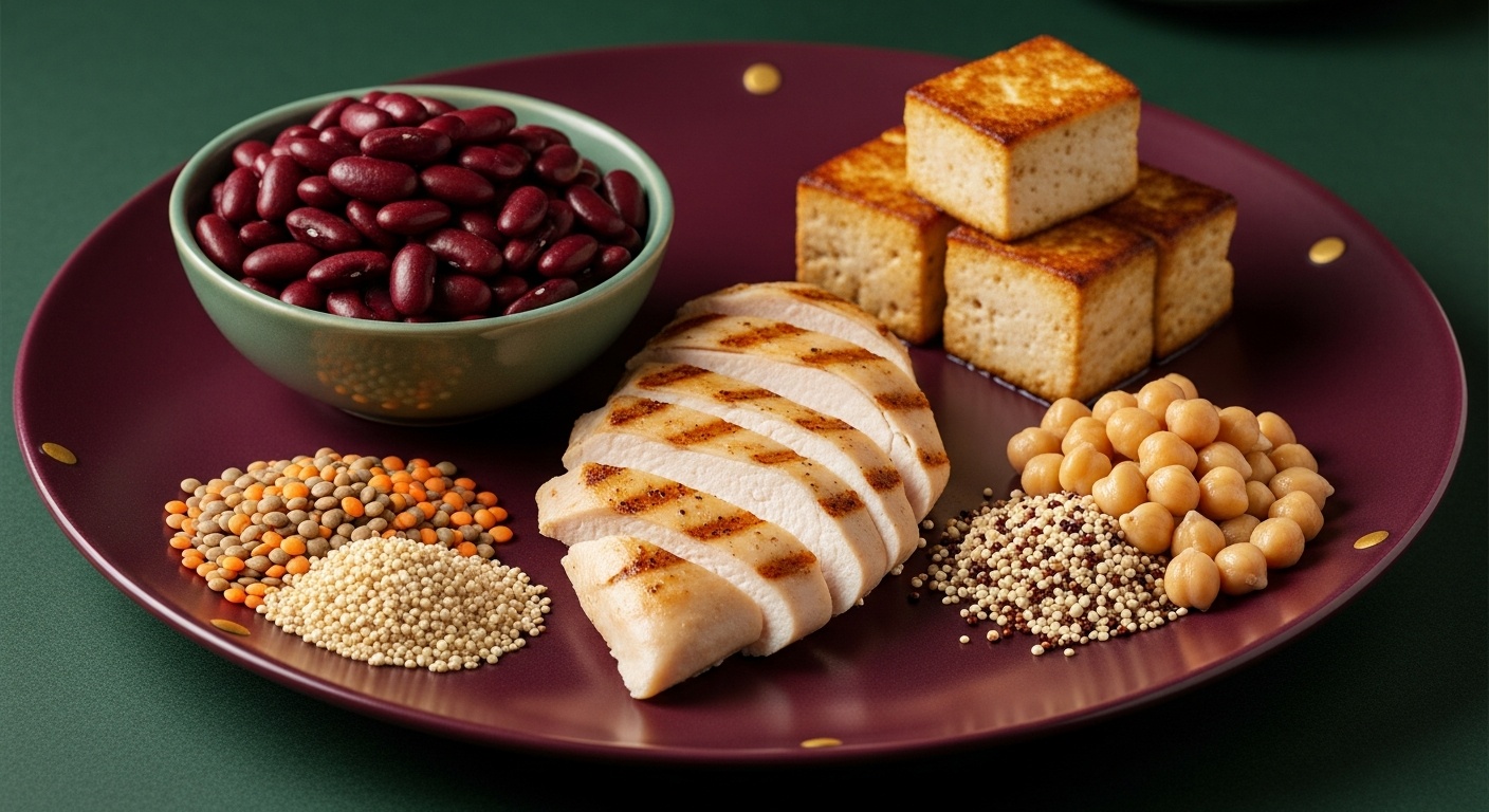 Plate with chicken tofu beans and grains arranged as protein portion examples
