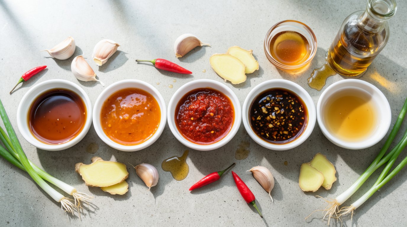 Five small white bowls filled with different colored homemade stir-fry sauces arranged on a gray counter with fresh ingredients including garlic, ginger, chilies, and green onions.