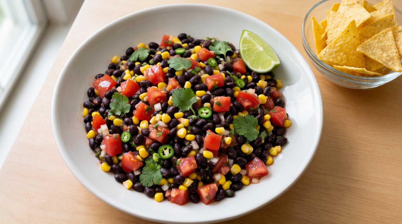 A white bowl containing black bean and corn salsa with tomatoes, onion, jalapeño, and cilantro, next to tortilla chips and a lime wedge.