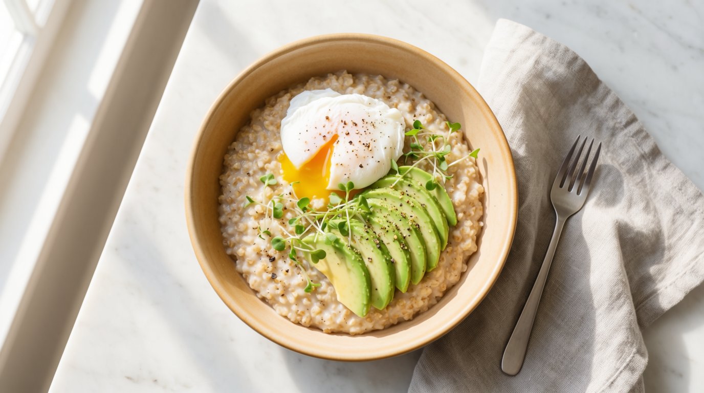 A top-down view of a bowl of oatmeal topped with a poached egg and sliced avocado on a white marble surface.