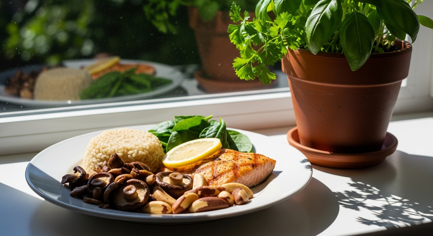 Eggs fish Brazil nuts oats and chicken arranged on a kitchen counter