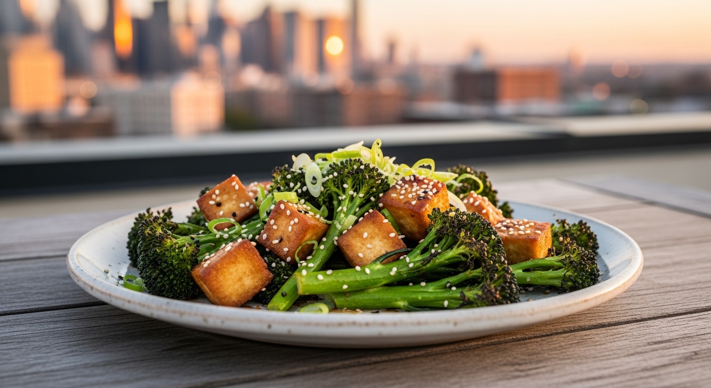 Sheet pan with roasted tofu and broccoli tossed in a glossy ginger glaze