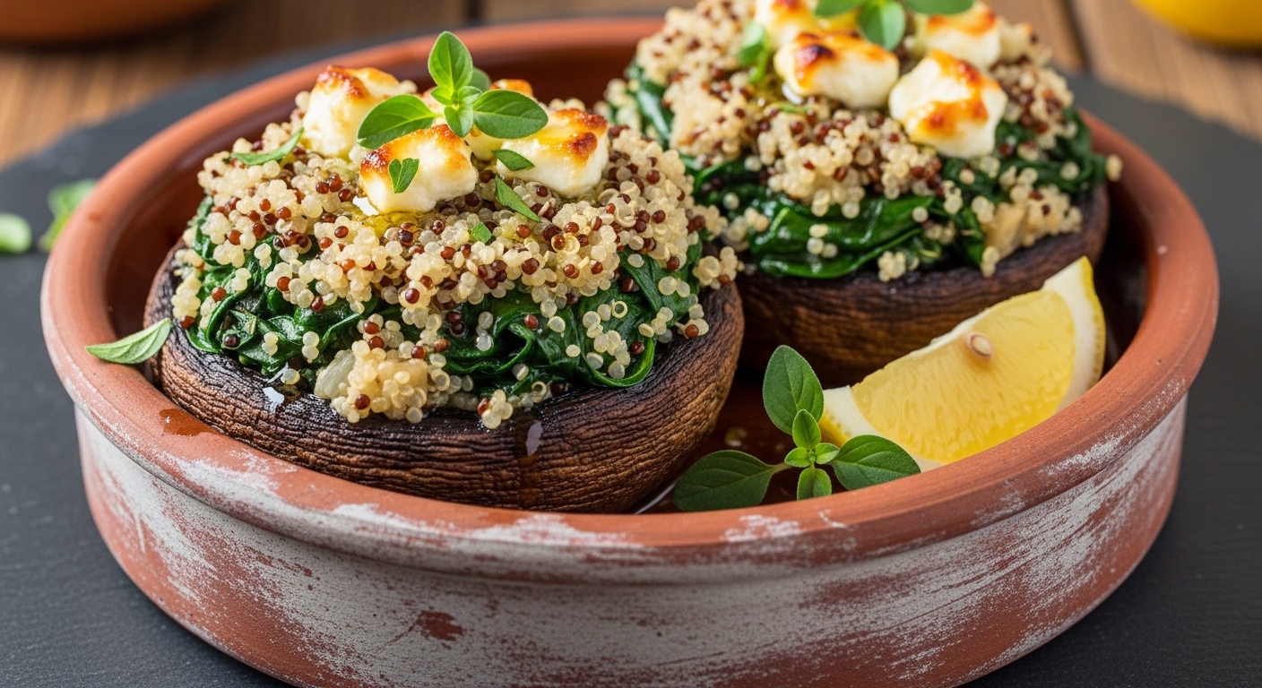 Baked portobello mushrooms filled with quinoa, spinach, and feta on a sheet pan