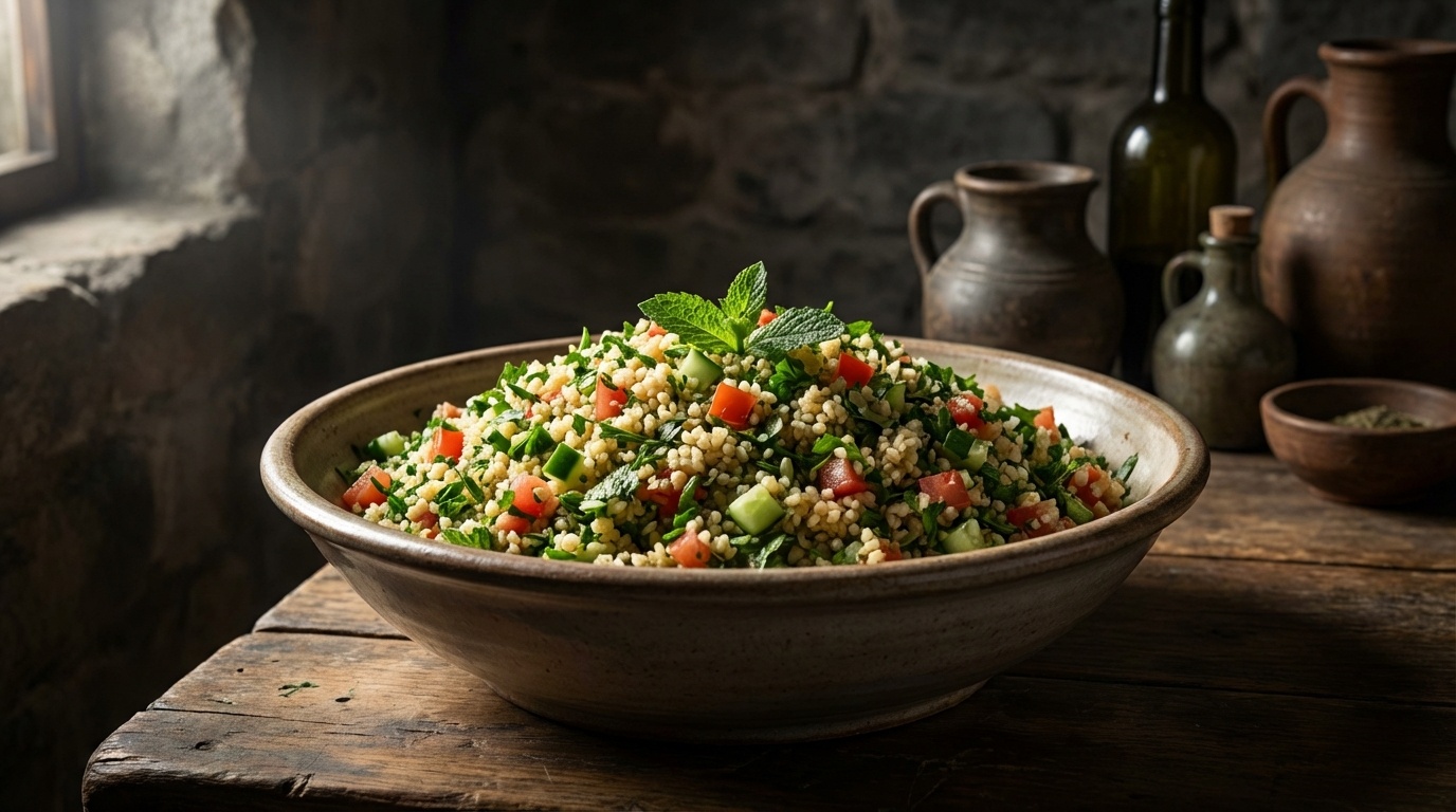 Tabbouleh Salad High Fiber Bulgur - appetizing bowl with colorful ingredients for natural body cleanse