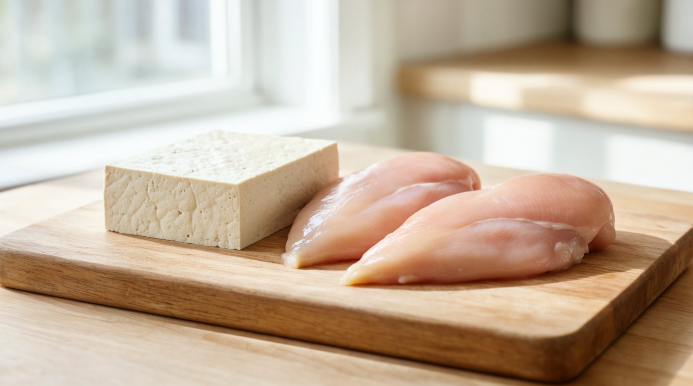 A block of extra firm tofu on a cutting board next to raw boneless skinless chicken breasts on a wooden counter