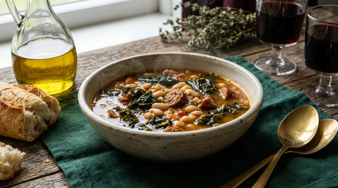 Bowl of Tuscan white bean and kale soup with crusty bread on a wooden table
