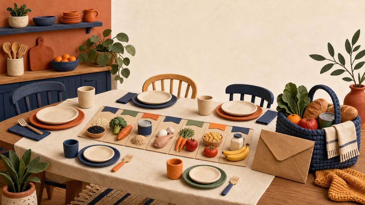 Playful editorial illustration of a family grocery table divided into seven affordable meal days